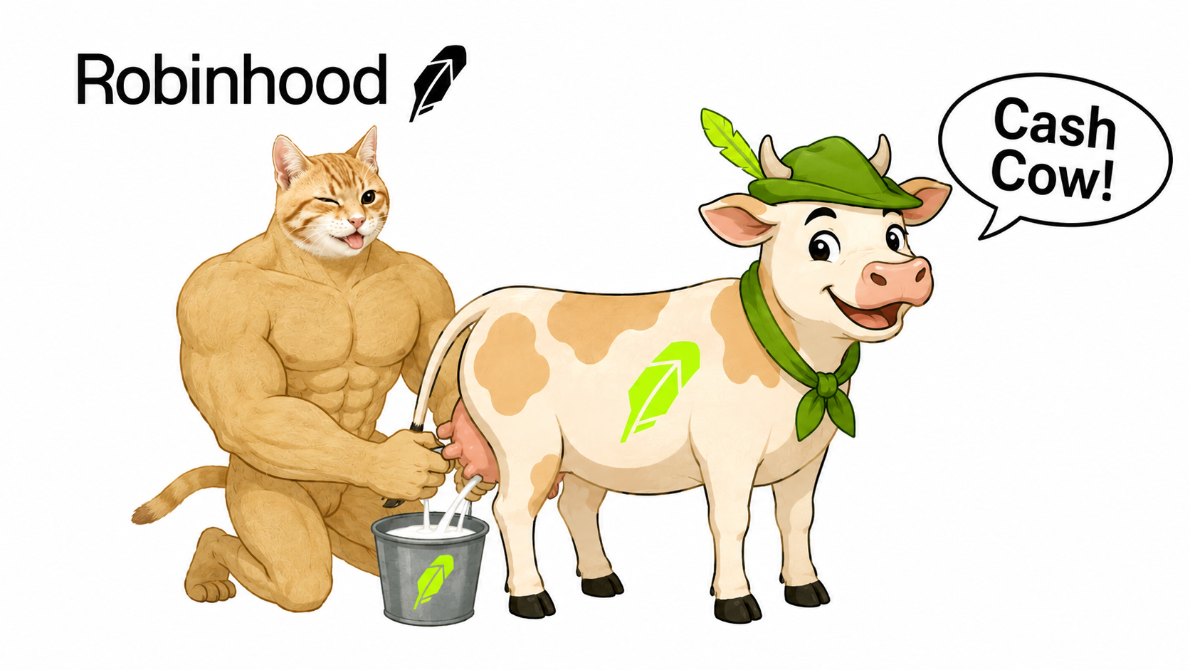 A buff Robinhood cat milking the CashCow into a bucket of yield